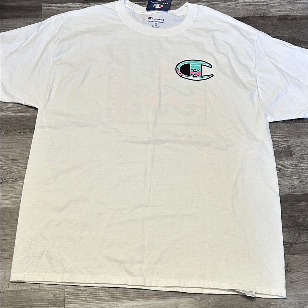 Champion White Tee with Colorful Logo